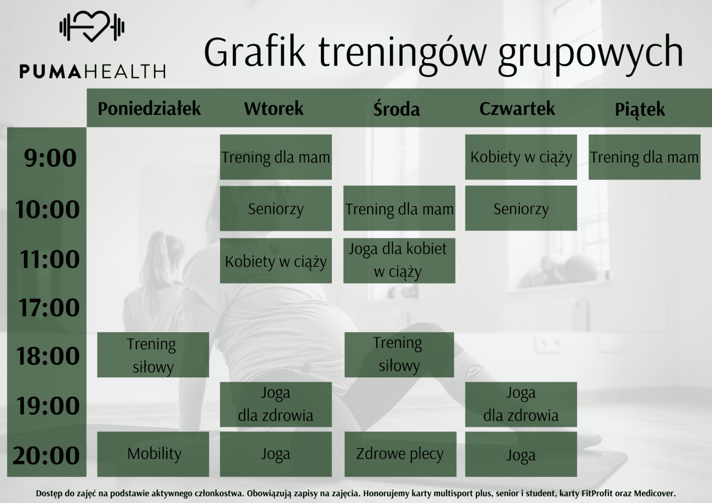 grafik treningów grupowych PUMA Health Center