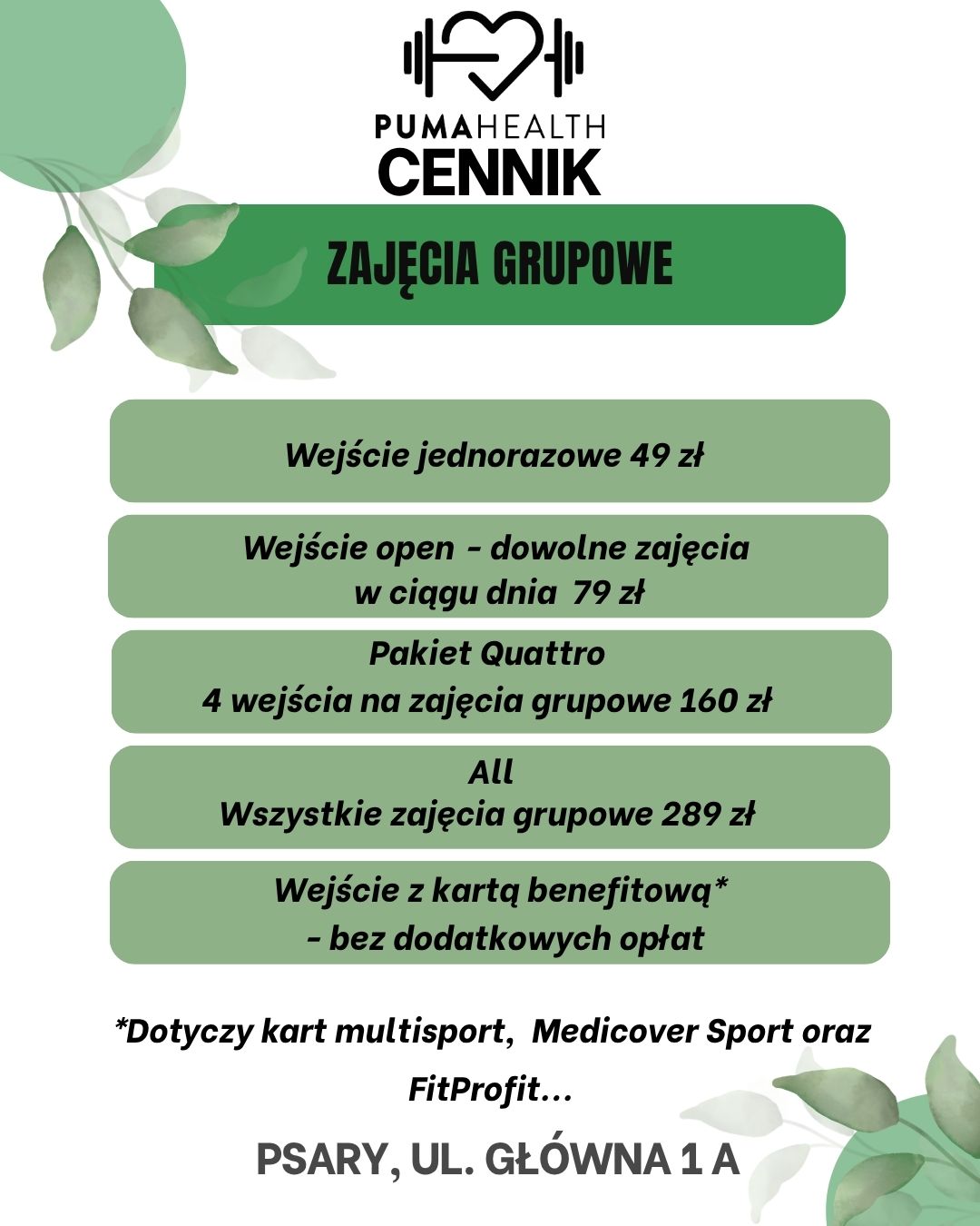 Cennik zajęć ważny od 1 kwietnia 2026